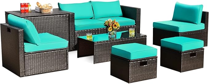 Tangkula 8 Piece Patio Furniture Set, Patiojoy Outdoor Space Saving PE Rattan