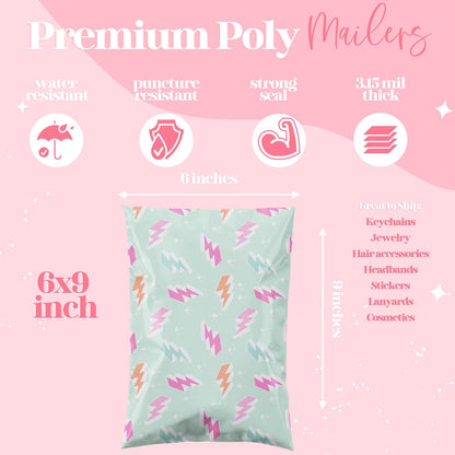 10x13 Designer Poly Mailer 100 Pack Heavy Duty Waterproof Self Seal Shipping Bags for Small Business Large Mailing Envelopes Bulk Tear Resistant Cute Packaging Lightning Bolt