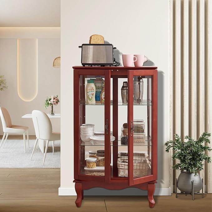 Curio Cabinet With Lighted Tall Leg Glass Door, Antique Display With Mirrored