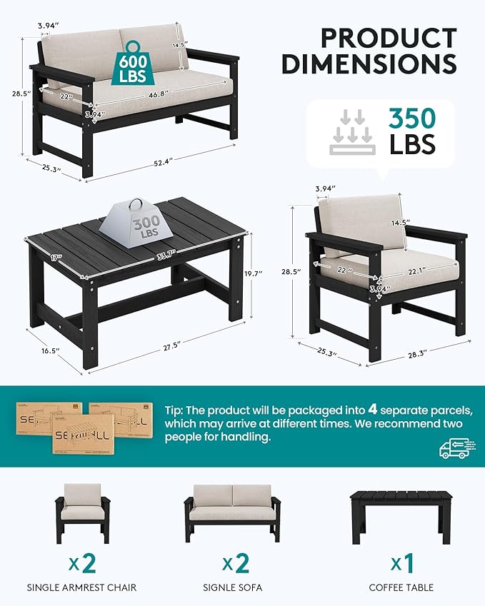 SERWALL 5 Pieces HDPE Outdoor Conversation Sofa Set