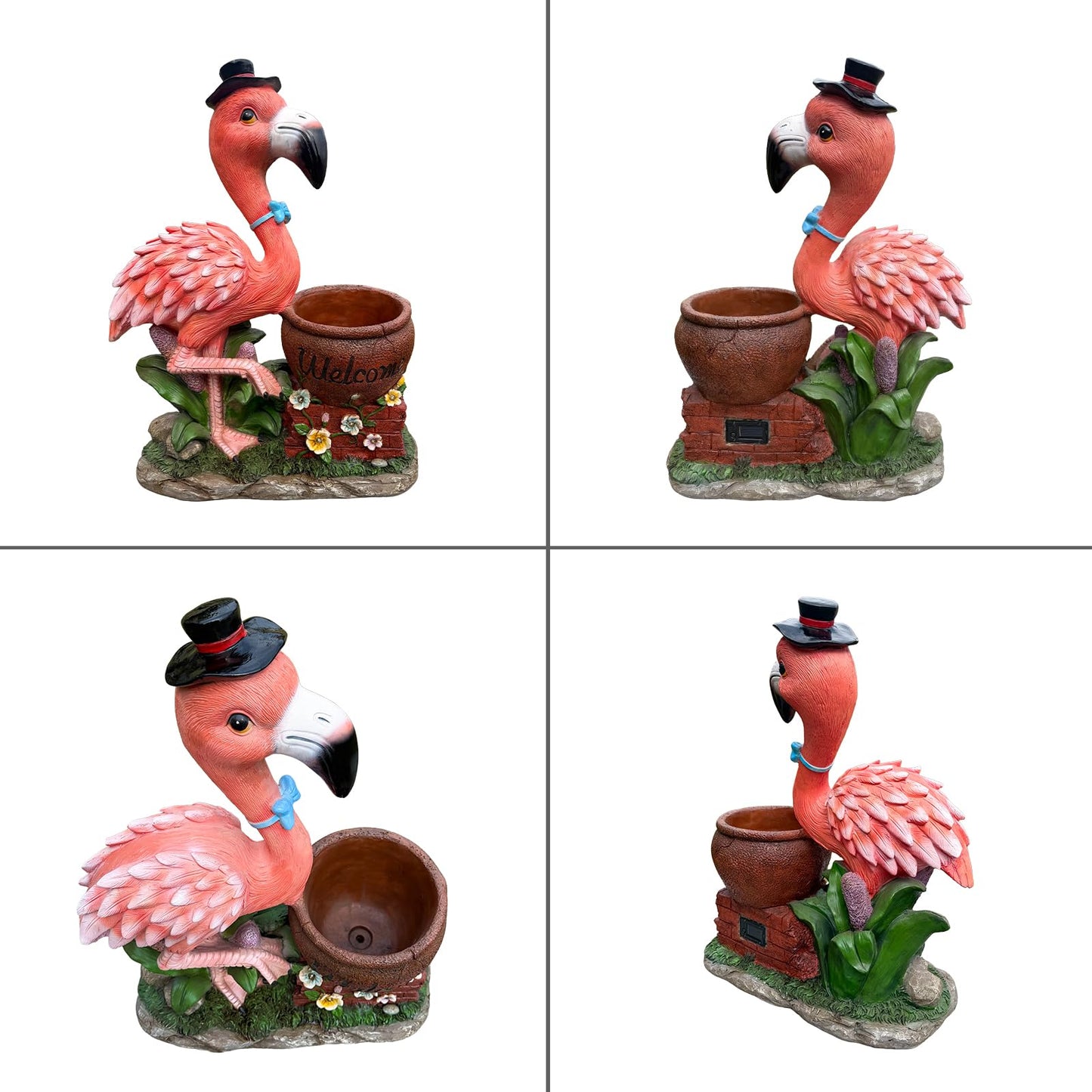 elesculor Flamingo Planter, Outdoor Welcome Sign Animal Flower Pot, Large Standing Bird Statue Yard Art Decor for Garden Patio and Front Porch - Top Hat