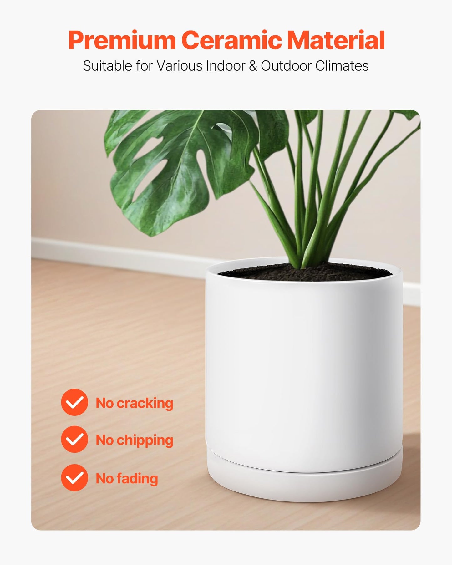 VEVOR Plant Pot, 12-Inch Ceramic Pots for Plants with Drainage Holes, Non-Slip Pads & Detachable Saucer, Modern Ceramic Flower Pots, Indoor and Outdoor Tree Planter Pot, Home & Office
