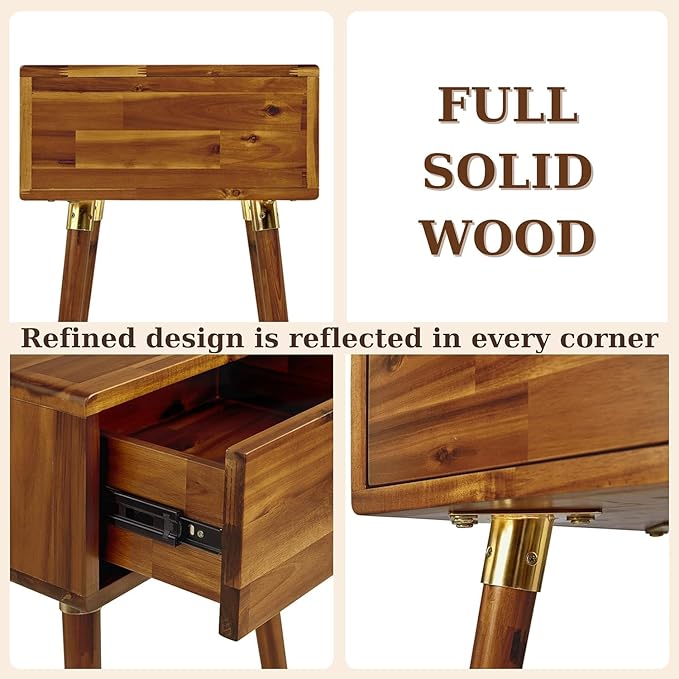 Bme Caden Solid Wood Nightstand/Side Table/End Table, Fully Assembled,