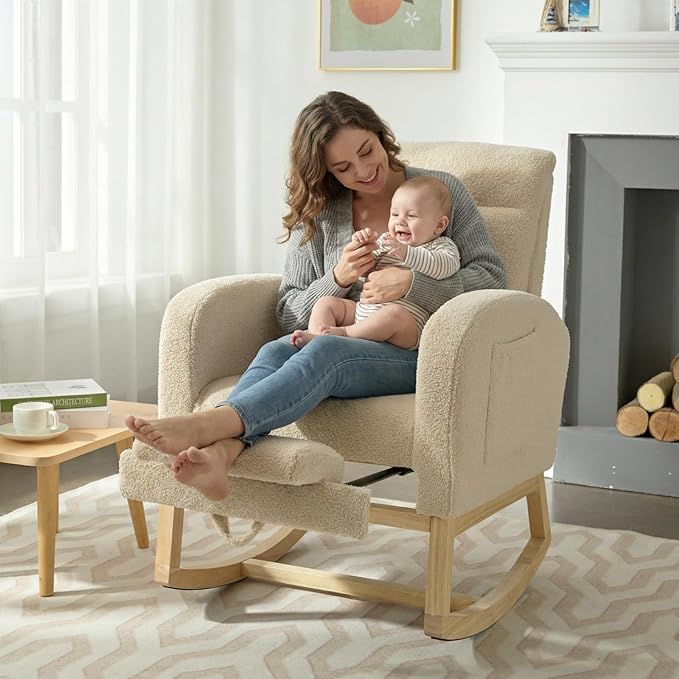 NIOIIKIT Modern Nursery Rocking Chair, Teddy Upholstered Rocking Chair