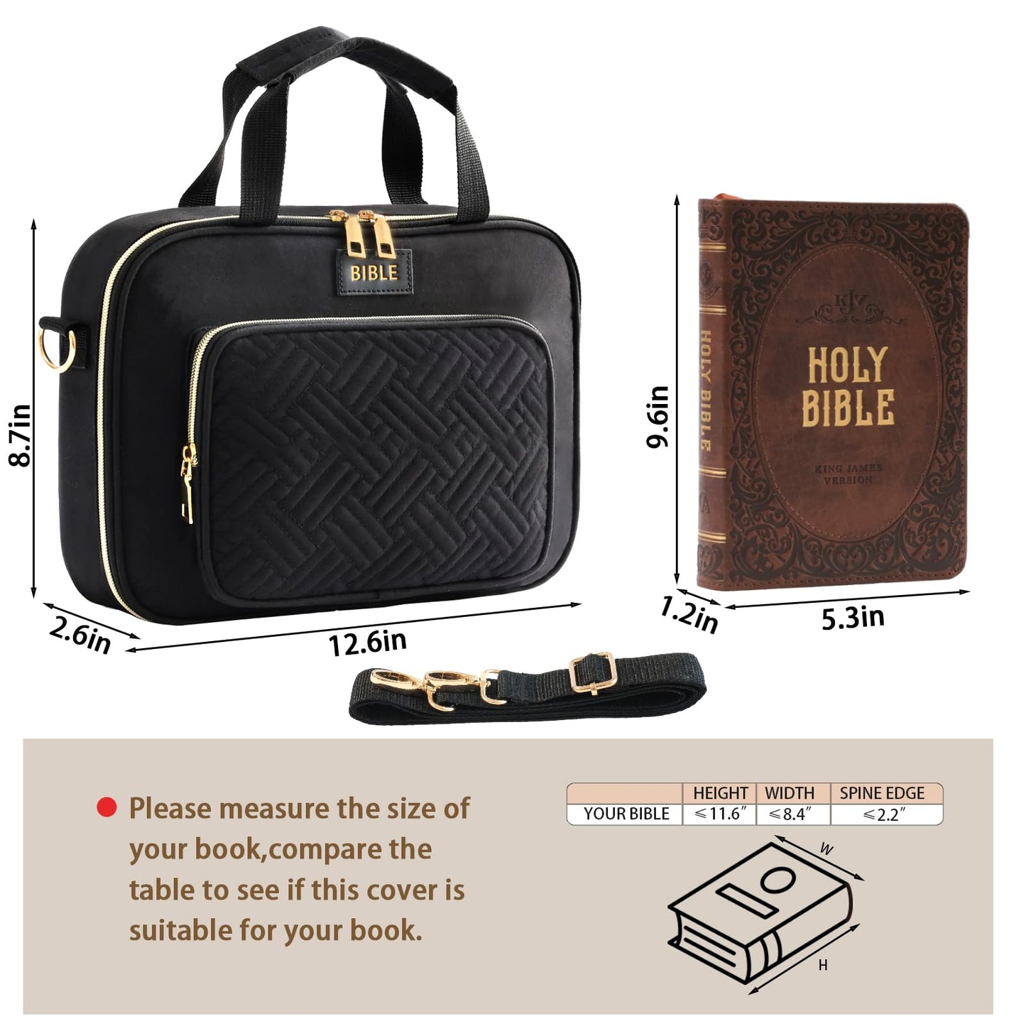 Bible Cover for Women Bible Case, Large Bible Bag, Bible Study Supplies Bible Journaling Kit Book Carrying Case with Bible Highlighters Tabs, Valentines Day Christian Gifts for Women (Black)