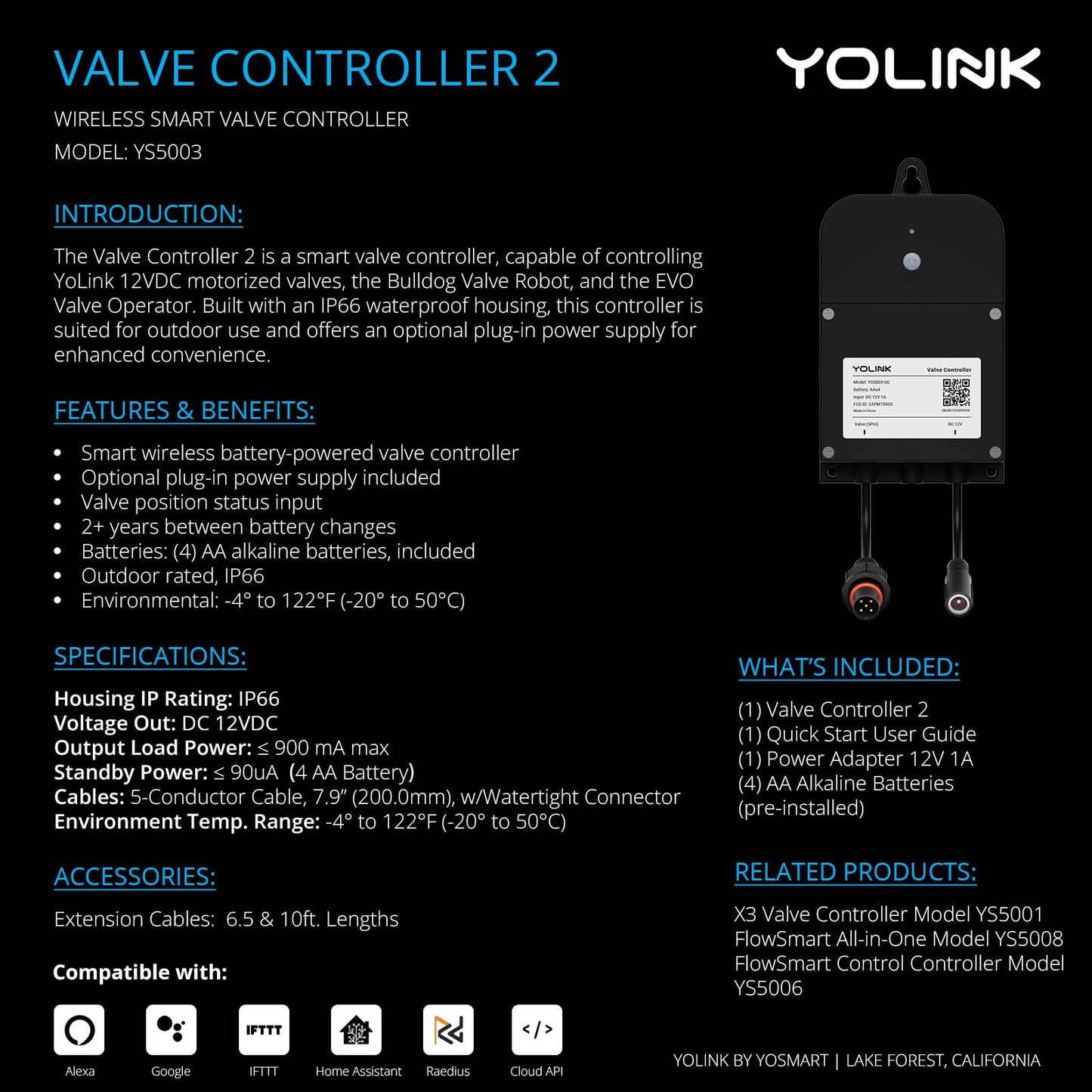 NSF Certified YoLink Valve Controller 2 Kit, 2" Stainless Steel Motorized Ball Valve, LoRa Long Range, D2D Offline with Leak Sensors, 12V Adapter + AA Backup, Hub Required