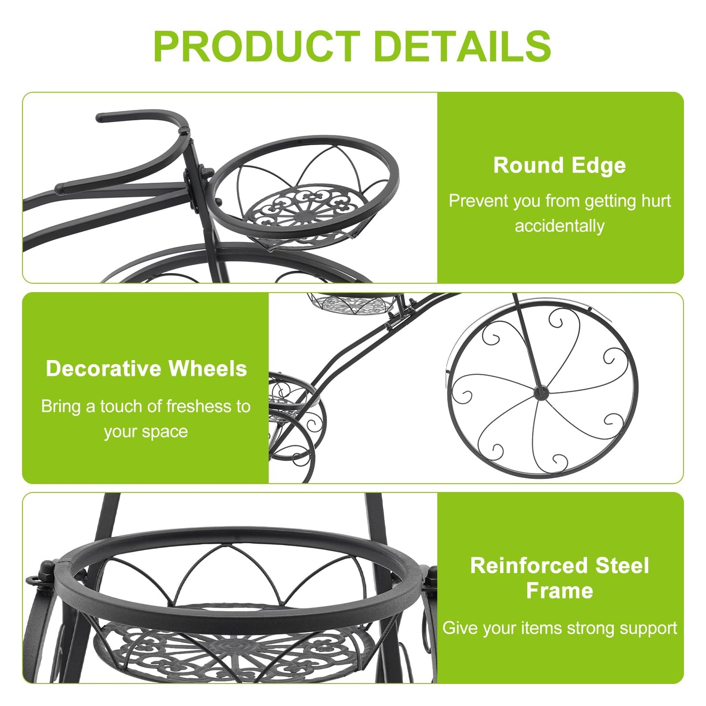 CCXYYFDJ Tricycle Plant Stand, Metal Bicycle Planter with 3 Plant Baskets, 66Lbs Capacity Detachable Bike Flower Pot Cart Holder for Patio Deck Garden Lawn Decorative