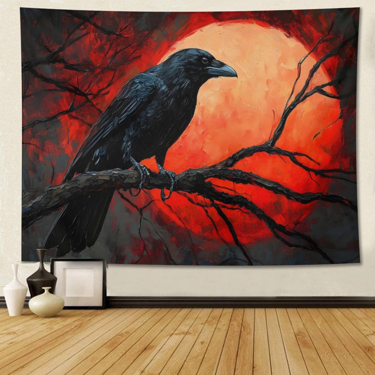 ZKPeFeH Crow Blood Moon Branch Tapestry Crow Tapestrys Raven Halloween Tapestry Gothic Tapestries 50x60 Inch