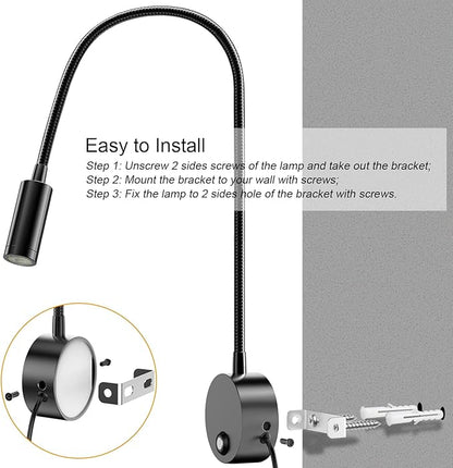 Wall Mounted LED Reading Light with 15" Flexible Gooseneck, Dimmable Book Light for Reading In Bed with USB Charging Port, Plug In Headboard Night Lights, 3 Colors Temperature, Touch Control-2 Pack