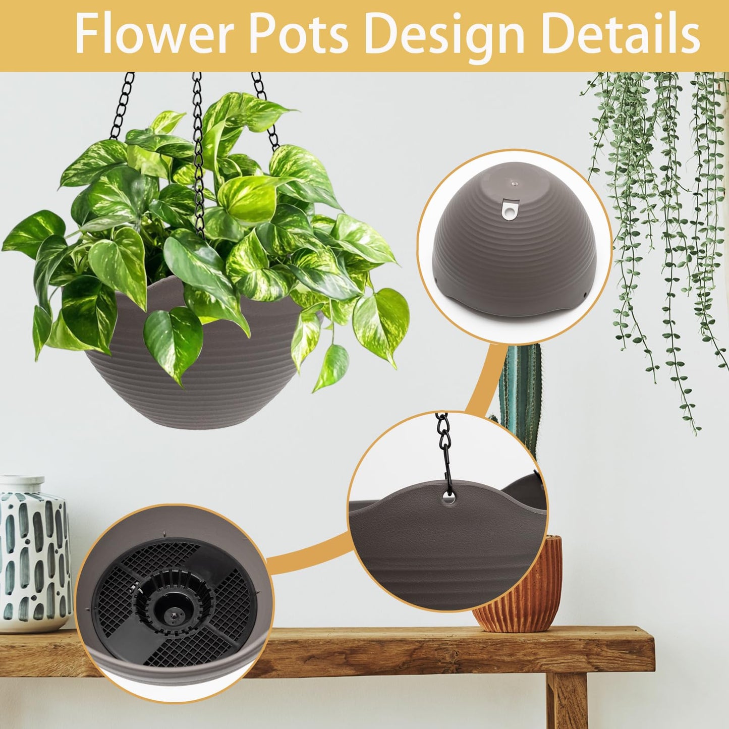 One Boat Hanging Planters for Indoor Plants 3 Pack - 7/8/10 Inch Plastic Hanging Pots with Water Sieve Mesh, Small Hanging Pots for Home Garden, Porch, Balcony & Patio Decor, Black