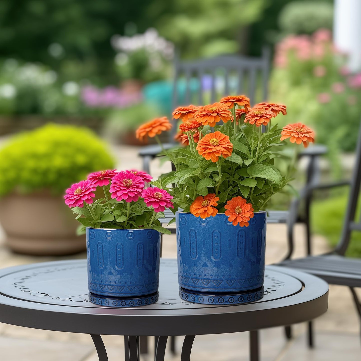 Eightpot Ceramic Planter - 8 Inch Plant Pot Indoor with Drainage Holes and Saucer Round Planter Outdoor Mid-Century Modern Flower Pot Succulent Pot for Home Decor Blue