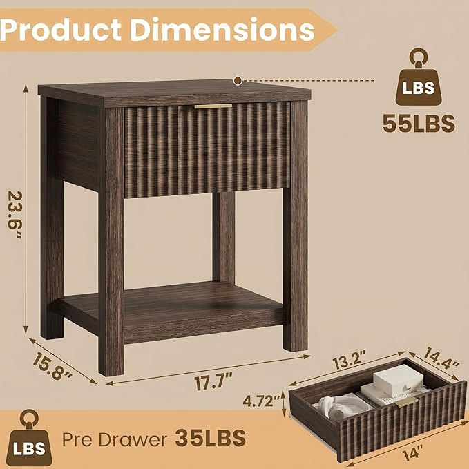 Fluted Night Stand with Golden Handle, Bedside Table with Storage Shelf