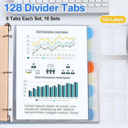ReliThick 32 Set of 256 Pack Clear Binder Sheet Protectors with Tabs for 3 Ring Binder 8 Tab Binder Dividers with Pockets and Tabs Plastic Page Protector Insertable Index Divider, 8.5 x 11 Inch