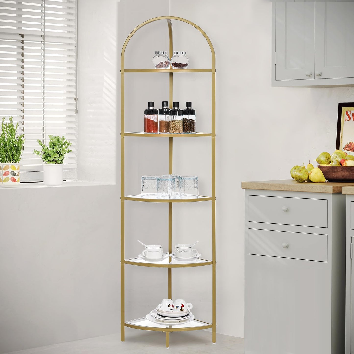 Homhedy 5-Tier Corner Shelf Stand, Metal Corner Bookshelf, Tempered Glass Shelves, Bathroom Storage Rack Shelf, Plant Stand, Modern Style, Golden