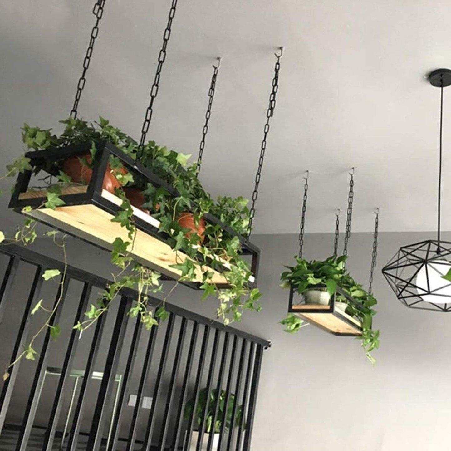 Hanging Flower Pot Display Rack - Adjustable Ceiling Stand for Plants, Wooden & Metal Frame Railing Shelf, Perfect for Bar, Patio, Garden, Balcony (Size: 60x25x15)