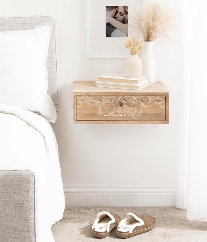 Kate and Laurel Mirza Transitional Carved Wood Floating Side Table, Natural Wood