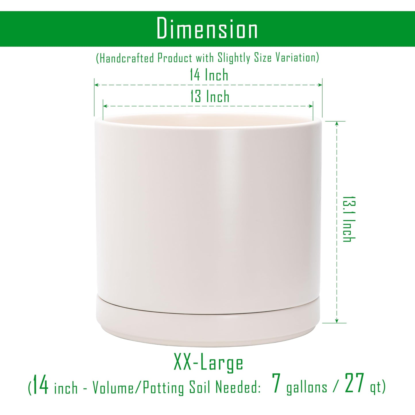 D'vine Dev 14 Inch Ceramic Planter Pot with Drainage Hole and Saucer, Indoor Cylinder Round Planter Pot, Oatmeal, 94-O-G-8