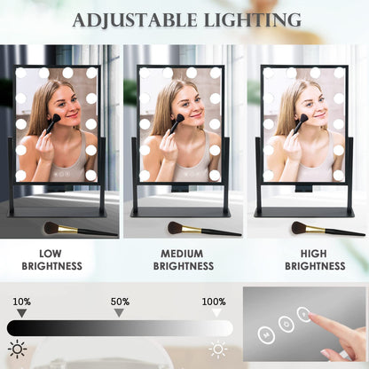 Lighted Makeup Mirror Hollywood Mirror Vanity Mirror with Lights, Touch Control Design 3 Colors Dimable LED Bulbs, Detachable 10X Magnification, 360°Rotation, (White) 12" L x 14" W
