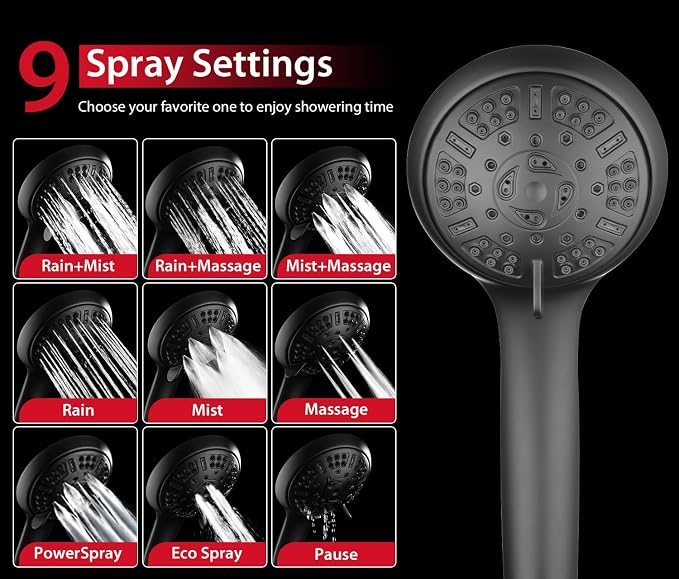 GRICH 2.5GPM Shower Head with Handheld Spray Combo: 2 in 1 Rainfall Shower Heads high pressure & Handheld Shower Head, 9 Spray Modes/Settings Detachable Shower Head with 60 Inch Hose, Black