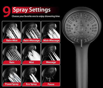 GRICH 2.5GPM Shower Head with Handheld Spray Combo: 2 in 1 Rainfall Shower Heads high pressure & Handheld Shower Head, 9 Spray Modes/Settings Detachable Shower Head with 60 Inch Hose, Black