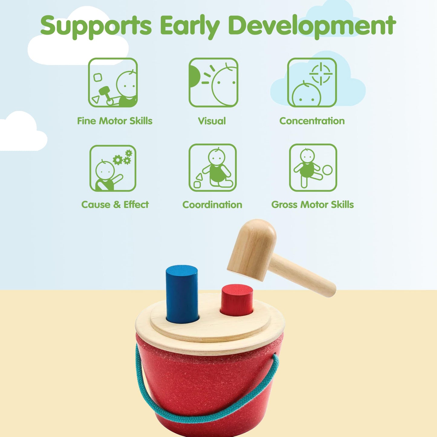 PlanToys® Hammering Peg Bucket | Montessori Wooden Hammering Toy for Toddlers 12M+ | Develops Hand-Eye Coordination, Fine Motor Skills & Problem-Solving | Includes Pegs & Hammer