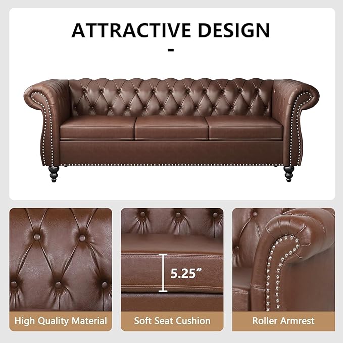 Mid-Century 3 Seater Sofa, Faux Leather Couch