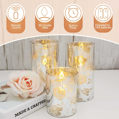 Floral Glass Flameless Candles Rose Romantic Battery Operated Candles with Remote Flickering LED Silver Real Wax Pillar Candle for Valentine's Day Wedding Party Home Christmas Decor, Set of 3
