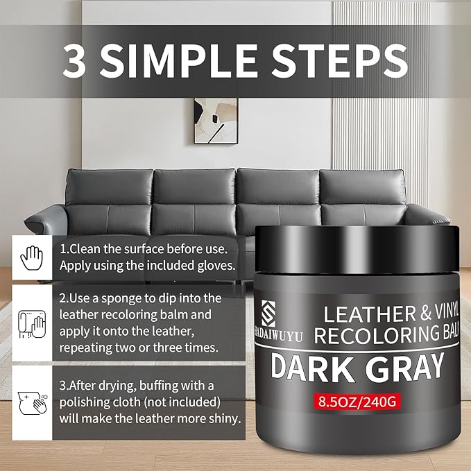 Leather Recoloring Balm, 8.5oz Leather Color Restorer, Dark Gray Leather Repair