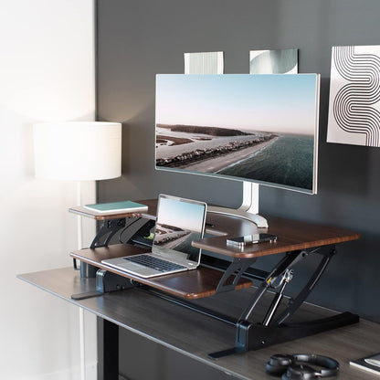 VIVO 42 inch Height Adjustable Stand Up Desk Converter, V Series, Quick Sit to Stand Tabletop Dual Monitor Riser Workstation, Dark Walnut Top, Black Frame, DESK-V000VLD