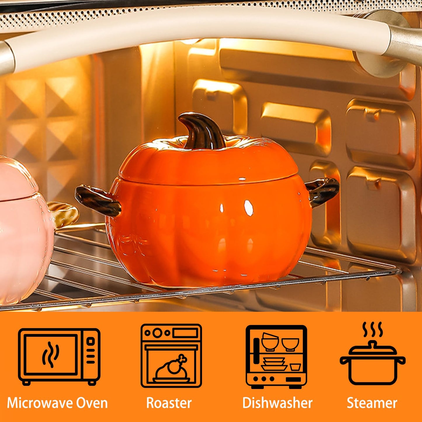 Dutch Pot with Lid, Pumpkin Shaped Ceramic Dessert Bowl, Cute Cushaw Bowl, Pumpkin Shaped Clay Pot Safe for Microwave and Dishwasher, Ideal Kitchen Decoration and Gift for Halloween (Orange)