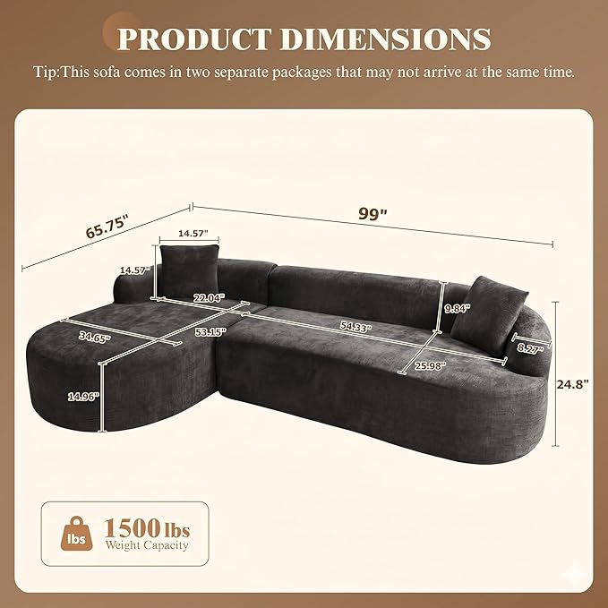 99" Curved Sectional Sofa with Chaise, Modern Boneless Couch with Deep Seat