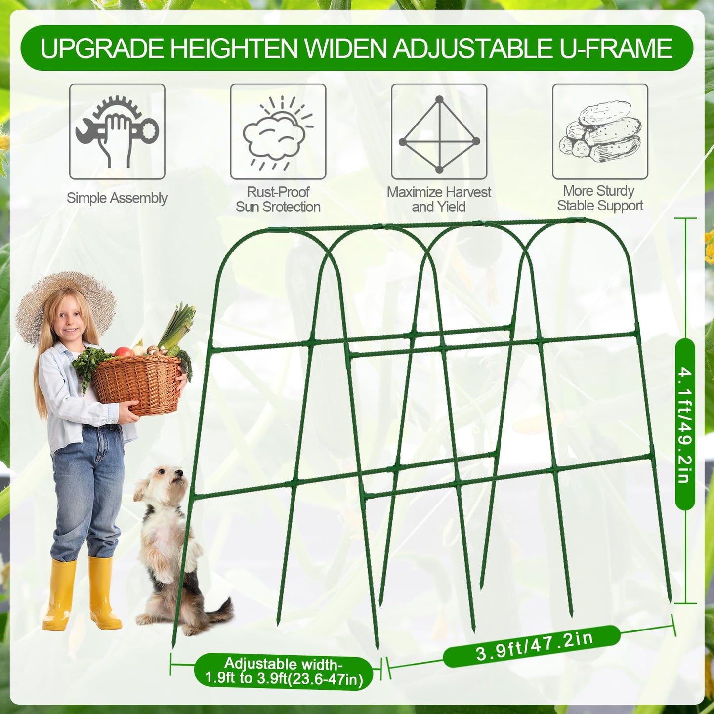 Large Cucumber Trellis for Raised Bed, U-Shape Garden Trellis for Climbing Plants Outdoor,Adjustable Metal Arch Vegetables Trellis,Plant Support Garden Stakes for Vine (Green,49.2x49.2x23.6)