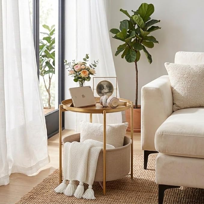 danpinera Gold Side Table with Fabric Storage Basket, Metal Round Side Small