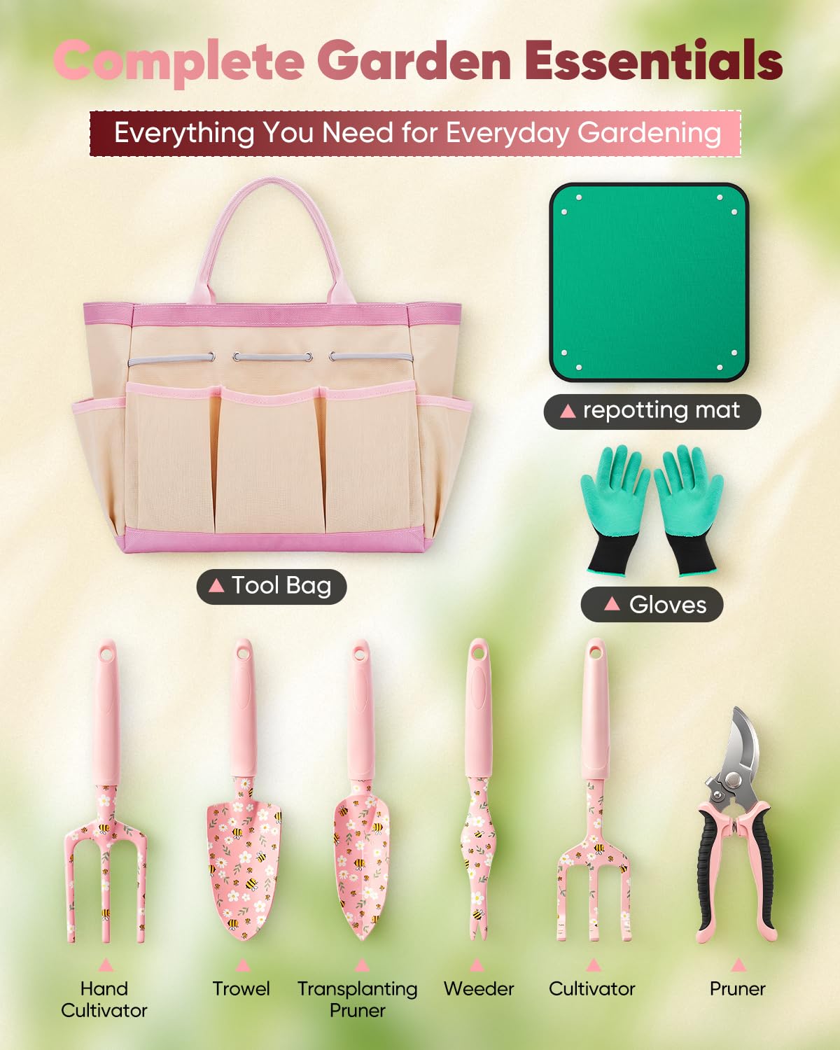 Garden Tool Set Gardening Tools - Heavy Duty Aluminum Tool Kit with Non-Slip Handle, Gardening Gloves and Tool Bag for Weeding, Planting and Pruning, Gifts for Women Mom (Pink Set)