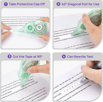 4 Pcs Colorful Core Correction Tape, 39.37 Ft White Wrong Out Tear-Resistant Bulk, Instant Corrections Easy to Use Applicator for School, Office, Note Taking, Journal (Tape Width 0.2 in)