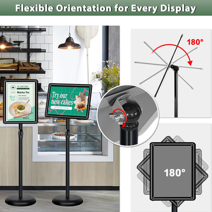 11x17 inches Poster Stand Holder Adjustable Pedestal Floor Standing Sign Holder Vertical and Horizontal View Sign Display, Aluminum Snap Open Frame with Safety Corner, Black