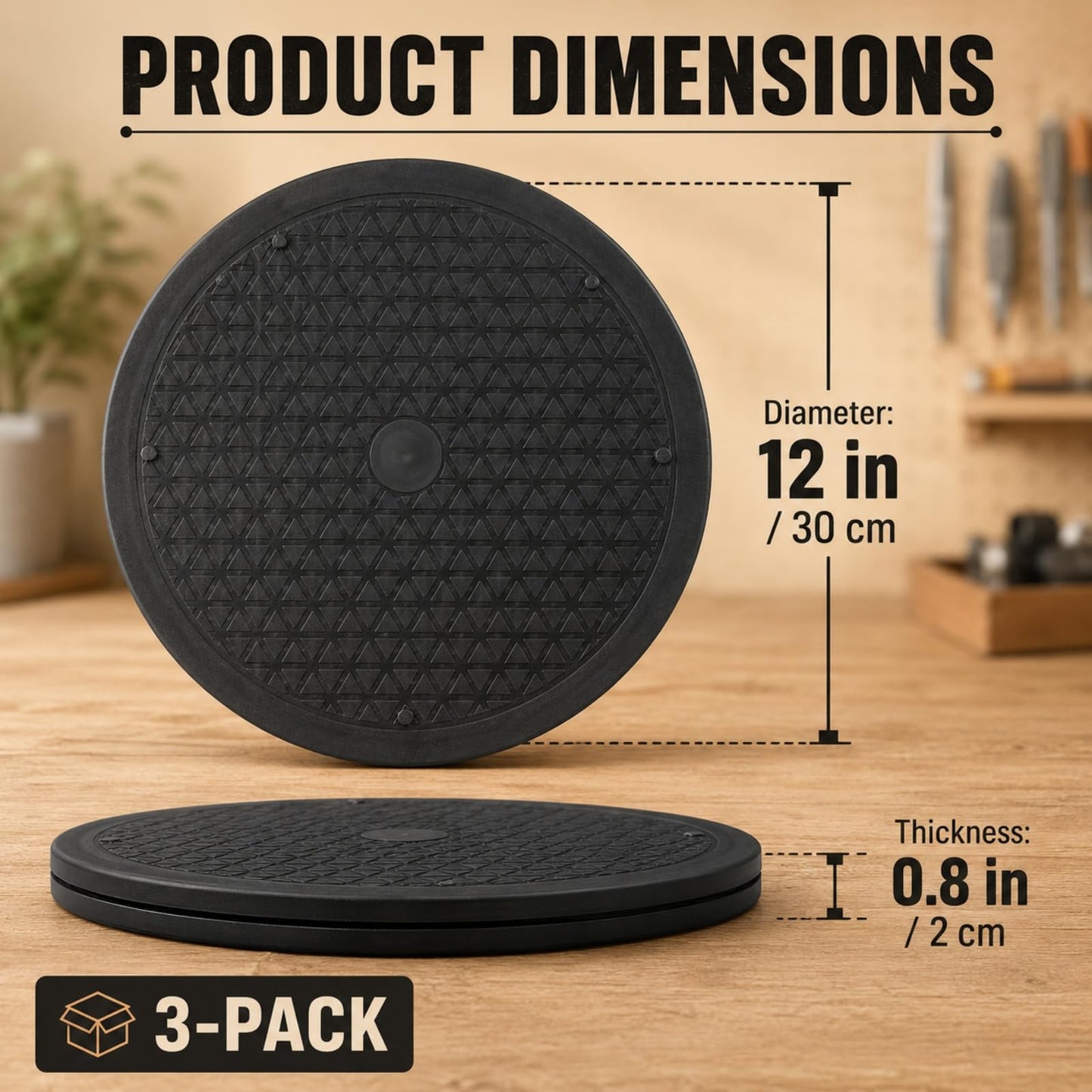 RHBLME 3 Pack Black Lazy Susan, 12 Inch Heavy Duty Rotating Swivel with Steel Ball Bearings Stand for Turntable, Monitor, TV, etc.