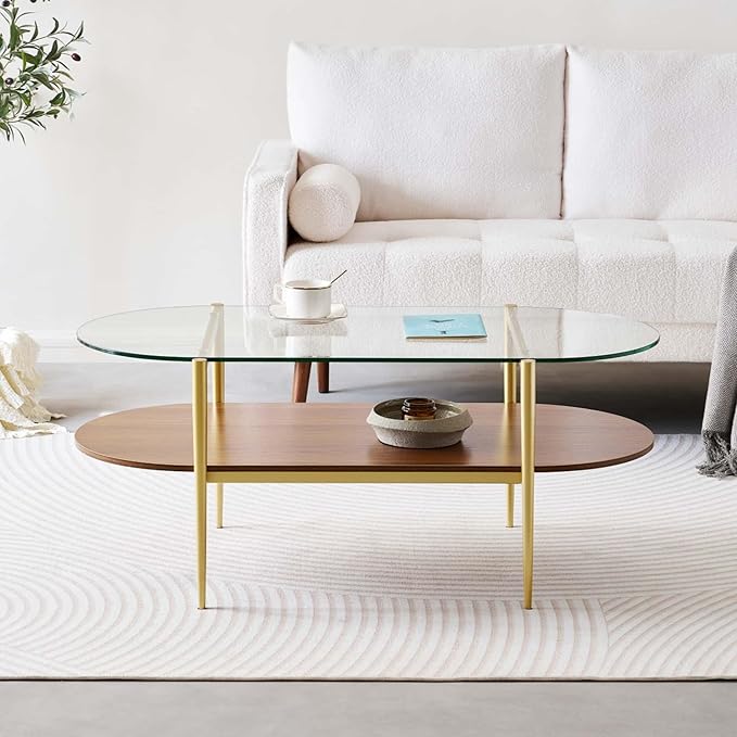 LumFurn Oval Glass Coffee Table, Mid-Century Modern Design, L41 x W21 x H17 inch