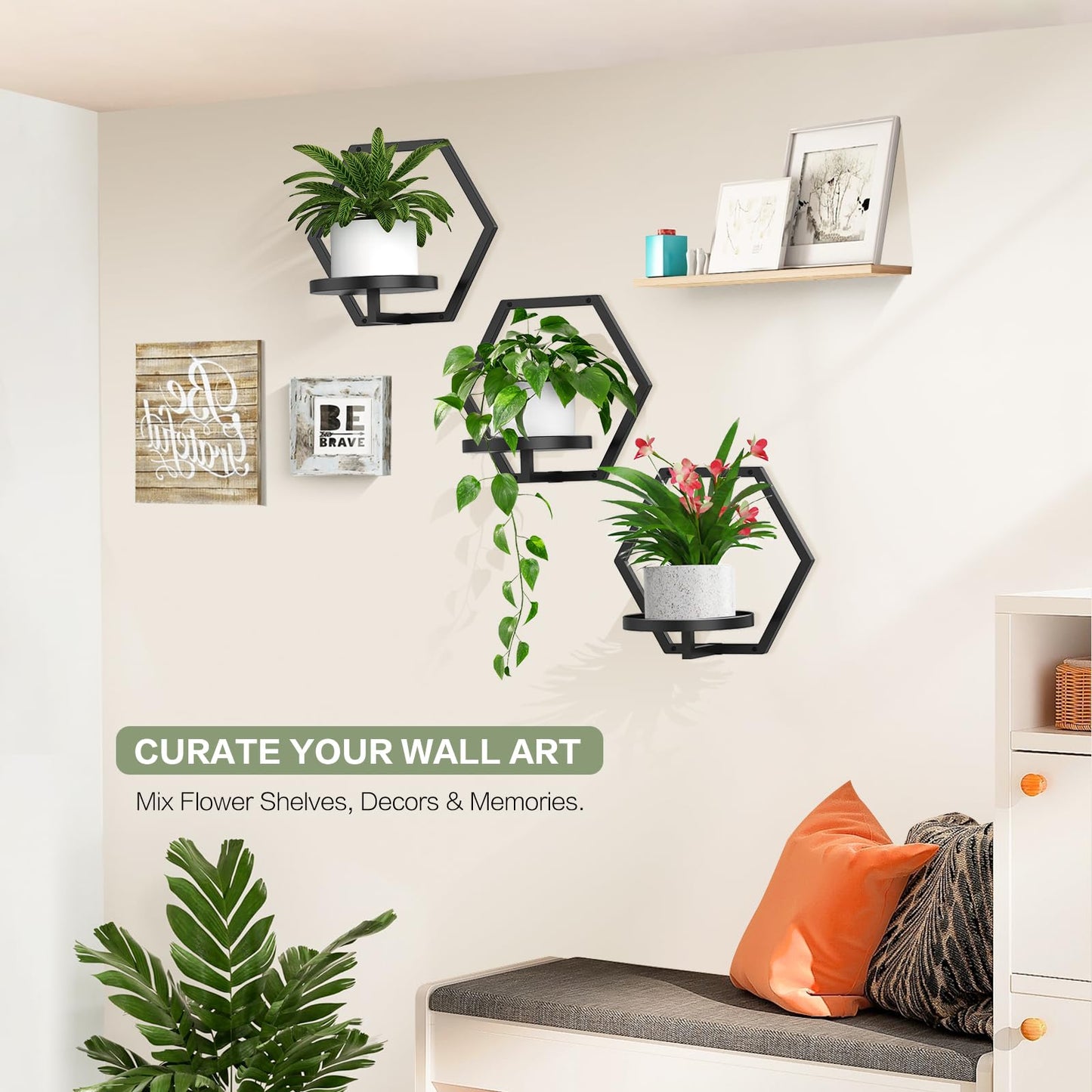JOPBENG 3 Packs Wall Planters for Indoor Plants, 7.9inch Metal Wall Plant Holder Hanger Wall Decor, Wall-Mounted Hanging Planters Window Plant Shelves Outdoor(Black)