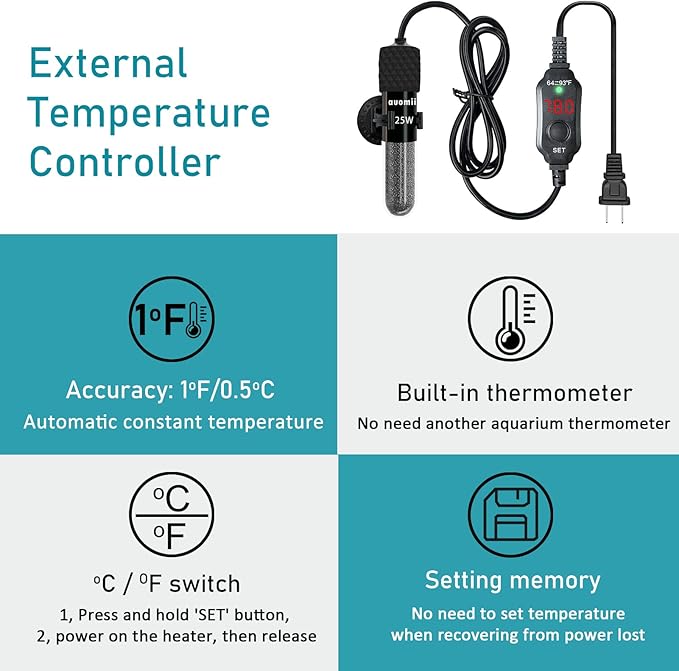 Small Submersible Aquarium Heater,Adjustable Mini Fish Tank Heater 25/50/100/150/200/300 Watts with External Temperature Controller, LED Display, Smart Memory, Used for 1-60 Gallons (100W)