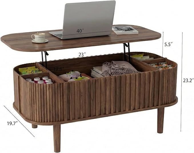 Lift Top Coffee Table with Storage, Faux Marble Top, Wood Fluted Center Table