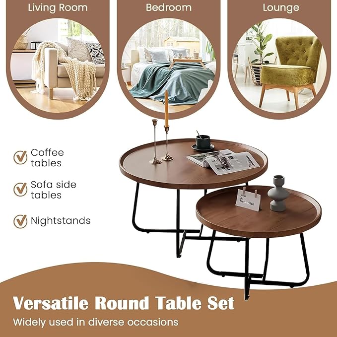 Round Nesting Coffee Table Set of 2, Mid Century Modern, Center