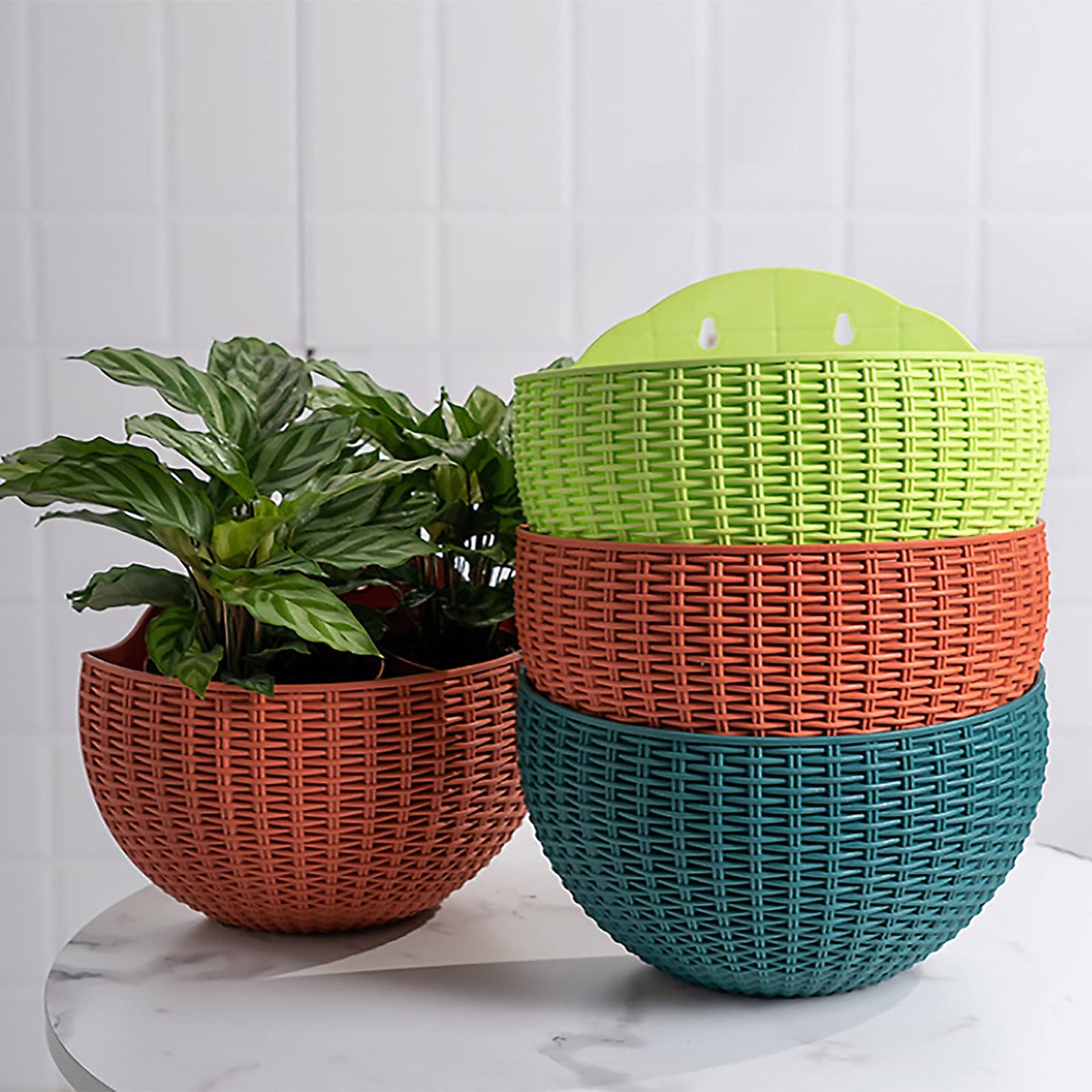 Hanging Planter Pot, Wall and Railing Hanging Planters with S Hooks, Half Round Imitation Rattan European Style Wall Flowerpot Rustic Decorative Flower Basket for Home Balcony Garden(#21*16.5cm Green)