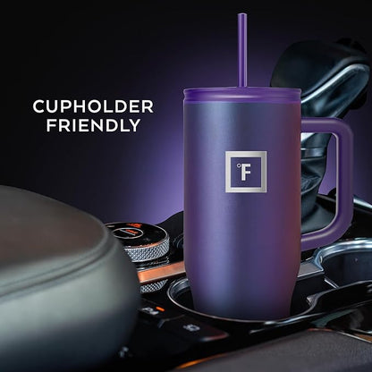 IRON °FLASK Co-Pilot Insulated Mug w/Straw & Flip Cap Lids - Cup Holder Bottle for Hot, Cold Drink - Leak-Proof- Water, Coffee Portable Travel Tumbler - Clementine, 40 Oz