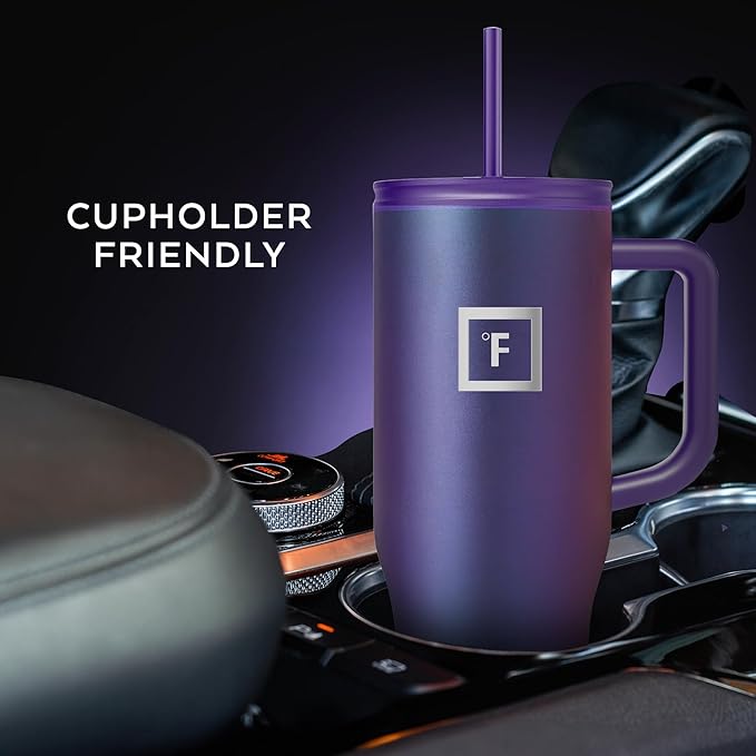IRON °FLASK Co-Pilot Insulated Mug w/Straw & Flip Cap Lids - Cup Holder Bottle for Hot, Cold Drink - Leak-Proof- Water, Coffee Portable Travel Tumbler - Cosmetic Pink, 40 Oz
