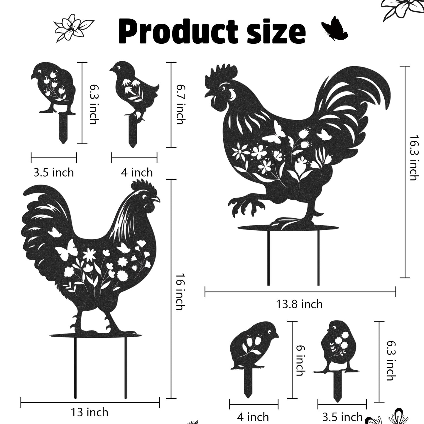 Rngmsi Chicken Metal Garden Art - 6PCS Chicken Metal Yard Art Rooster Garden Decor Outdoor Cute Hen Metal Statue Decorations Outside for Patio Decorative Lawn Stakes Statues Gifts for Friends