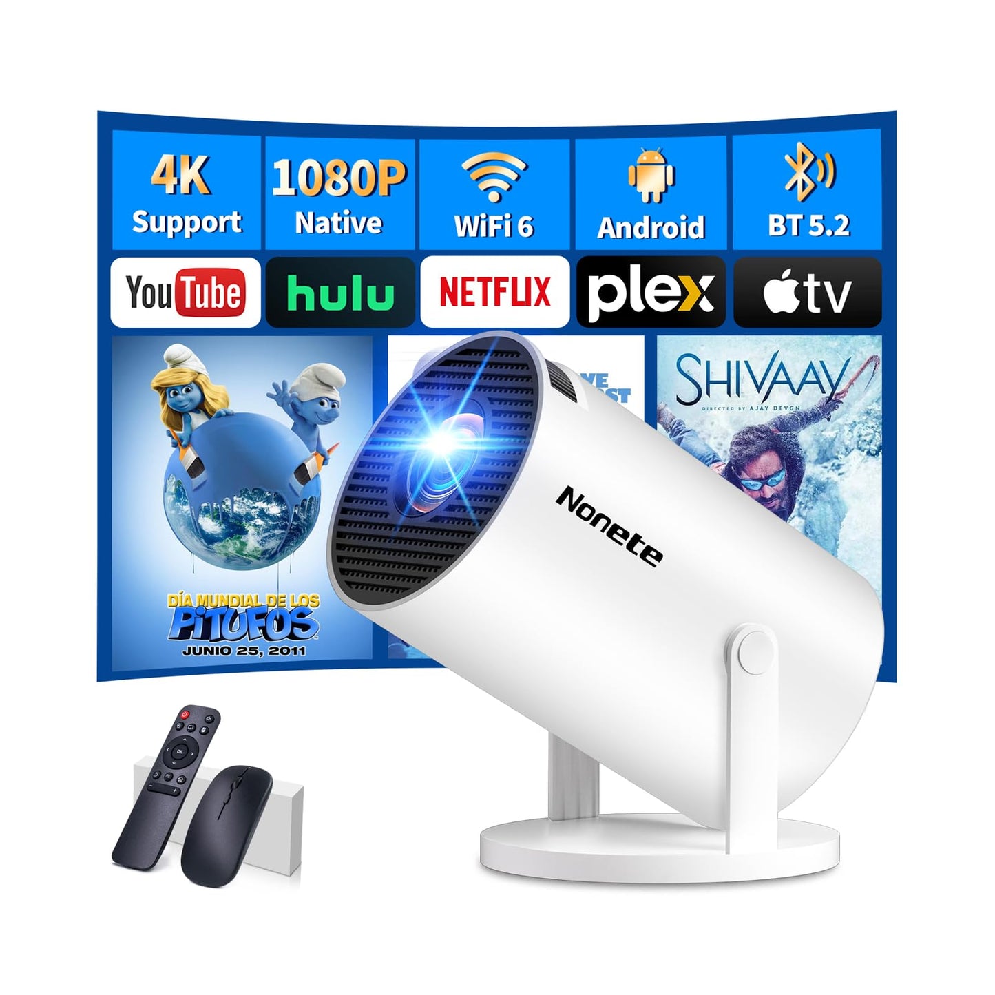 Mini Projector 1080P, 4K Projector Full HD with WIFI 6 and Bluetooth 5.2, Support 180° Rotatable Portable Projector with Auto Keystone Correction, Built-in App Compatible with Phone/HDMI/USB-White