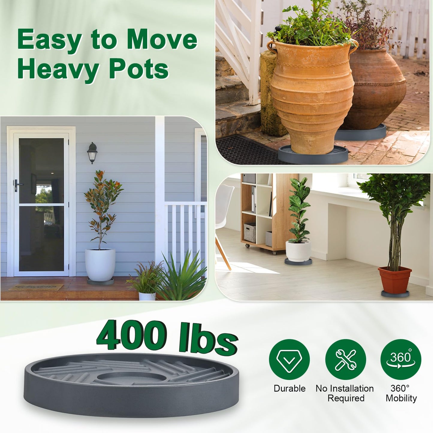 M METERXITY 2PCS Round Planter Caddies, 12 Inches Plastic Plant Roller with Wheel, Plant Saucers for Indoors, Plant Stand for Flower Pots [Gray]