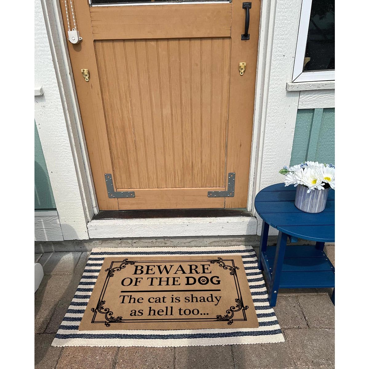 Funny Welcome Mat 30"(L) x 18"(W) Doormat for Entrance Way Indoor Mats No Slip Kitchen Rugs and Mats (Beware of the Dog The Cat Is Shady As Hell Too Funny Welcome Door Rugs Novelty Door Mat)