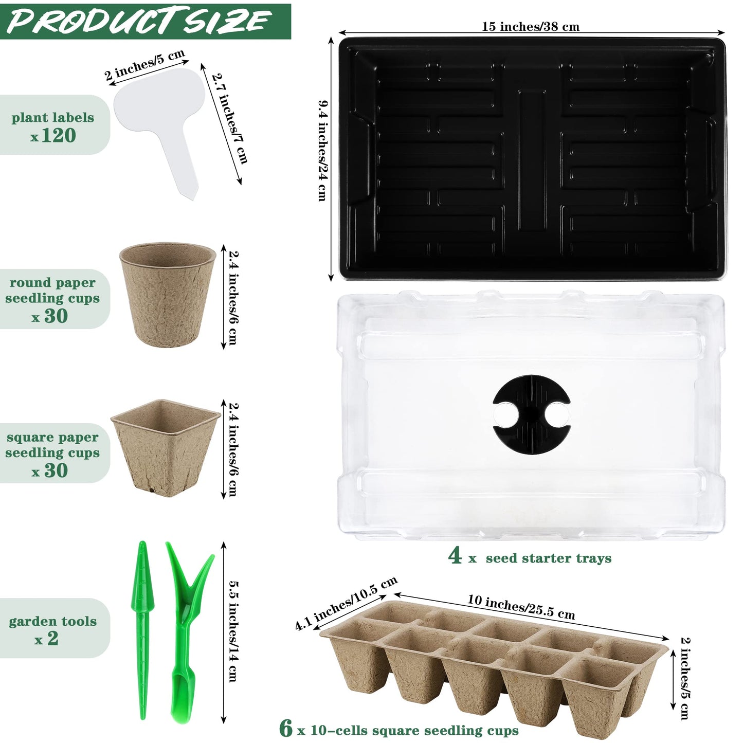 Hahood 4 Pack Seed Starter Tray Set Plants Growing Trays Peat Pots for Seedlings with Seed Starter Pots, Plastic Germination Tray, Plant Labels, Tool for Flower Vegetable Planting, Black